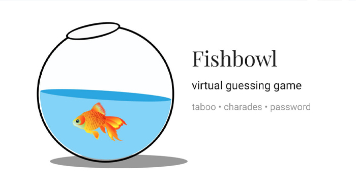 Goldfish swimming in a round fishbowl representing a virtual guessing party game with taboo, charades, and password elements