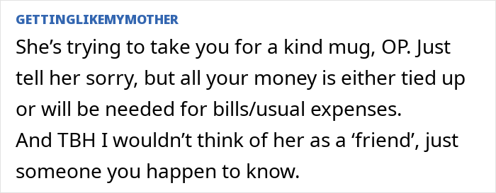 Text comment on a screen about ending a long friendship due to a friend's unreasonable request causing sadness for a woman.