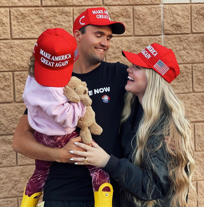 Family wearing Make America Great Again hats at an event, capturing an awkward Freudian slip moment going viral. Family wearing Make America Great Again hats at an event, capturing an awkward Freudian slip moment going viral.