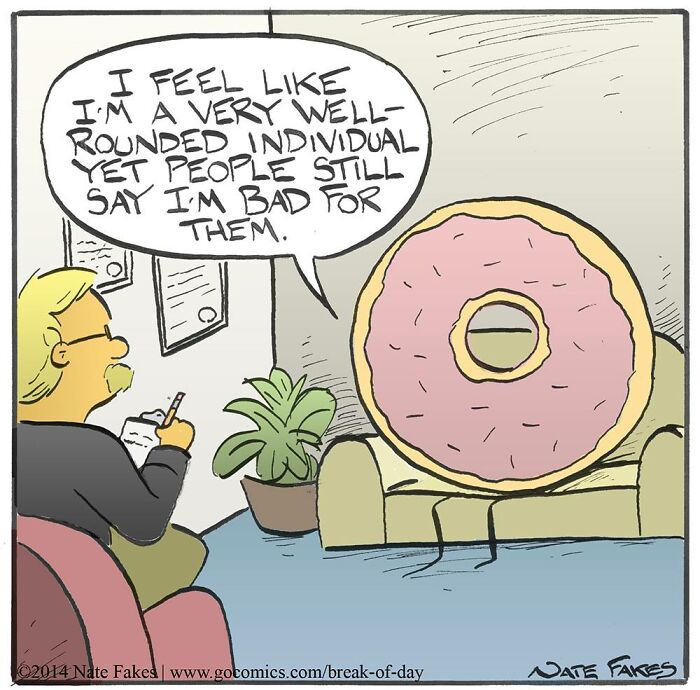 Comic by Nate Fakes showing a personified donut in therapy, reflecting on being well-rounded but misunderstood.