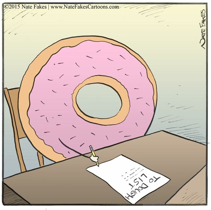 Comic by Nate Fakes shows a donut with pink frosting writing a to-do list humorously blending funny and relatable comics.