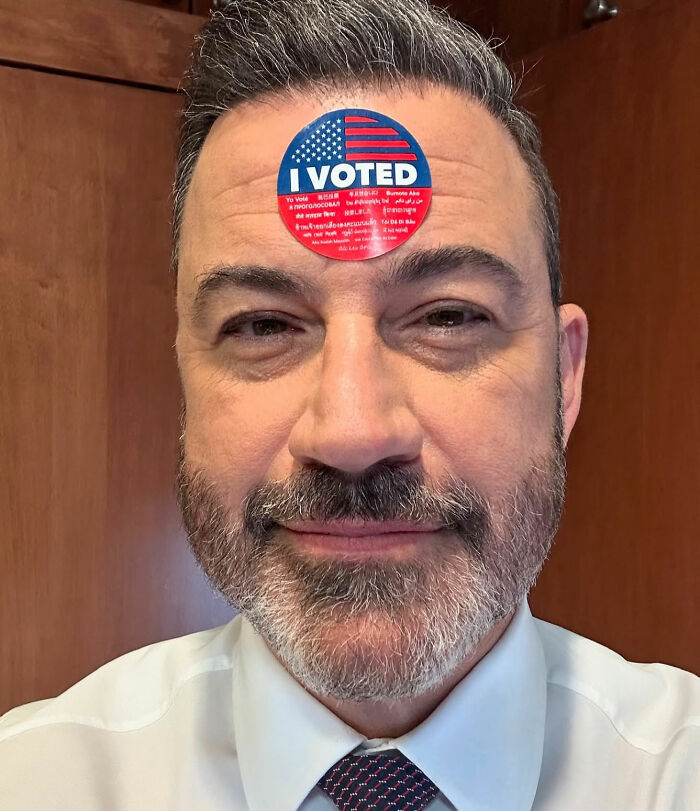 Jimmy Kimmel with I Voted sticker on forehead, reflecting on Donald Trump hateful and vile comments on Rob Reiner. Jimmy Kimmel with I Voted sticker on forehead, reflecting on Donald Trump hateful and vile comments on Rob Reiner.