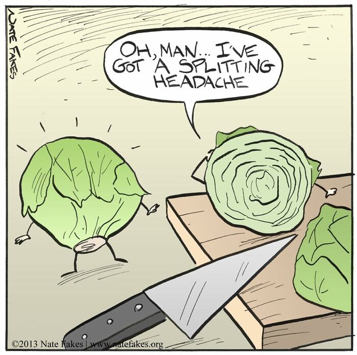 Comic by Nate Fakes showing a cabbage cut in half saying it has a splitting headache with a knife on a cutting board.