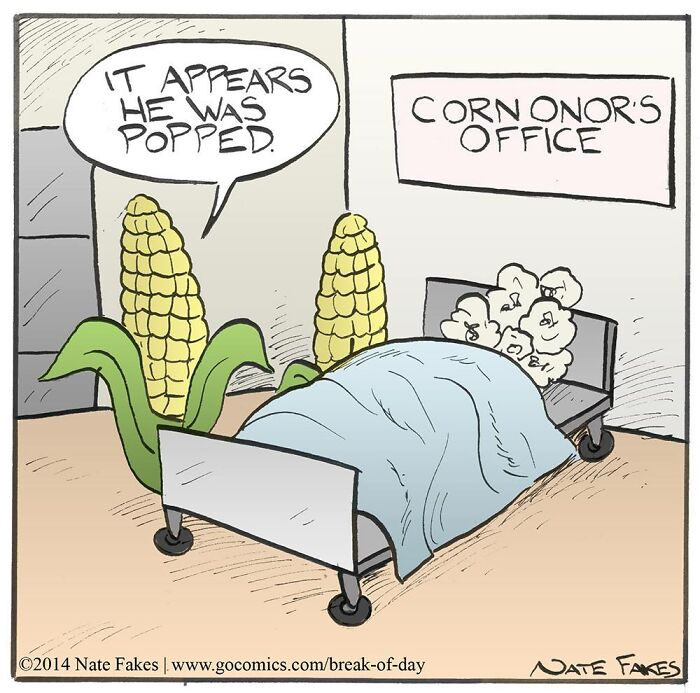 Comic by Nate Fakes showing corn and popcorn characters in a hospital scene, blending humor and relatable comic art.