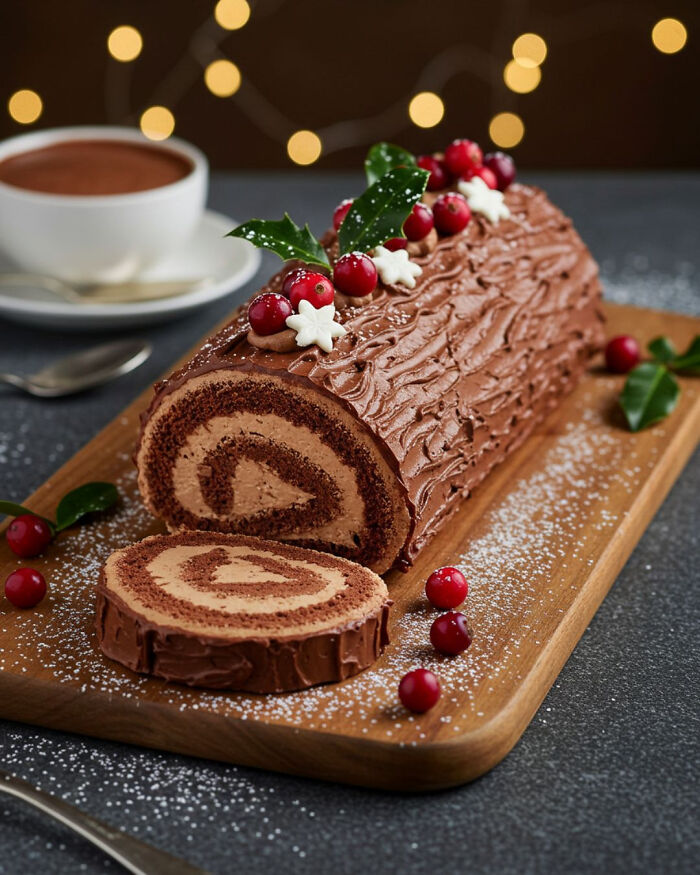 Chocolate yule log Christmas dessert decorated with holly and cranberries on wooden board with cup of hot chocolate nearby