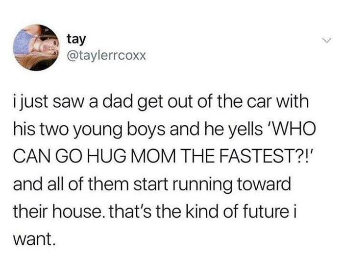 Text meme about a dad and his two boys running to hug mom, relatable parenting moment meme.