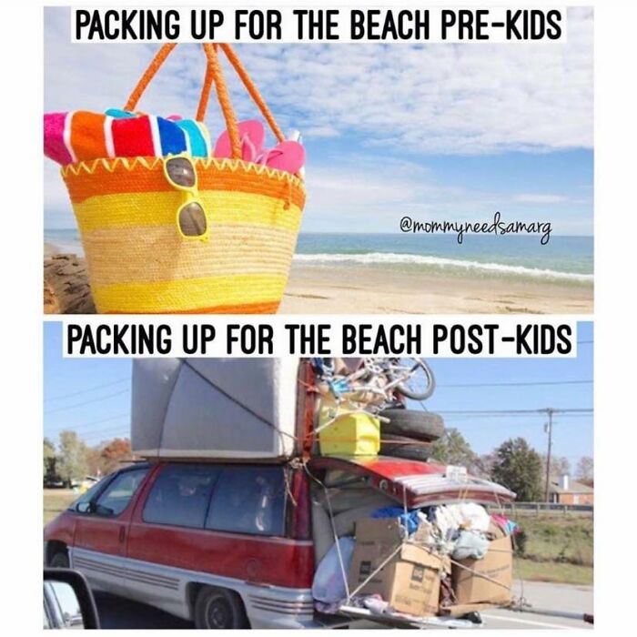 Beach packing comparison for parents pre-kids with a light bag and post-kids with an overloaded vehicle full of items.