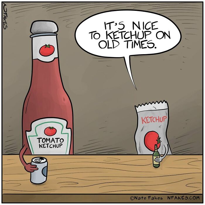 Cartoon by Nate Fakes showing ketchup bottle and ketchup packet chatting humorously at a bar.