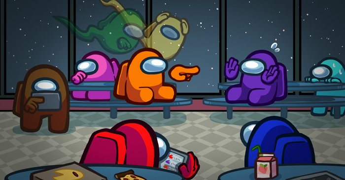 Among Us characters in colorful suits playing the best party game with outer space visible through windows at night.