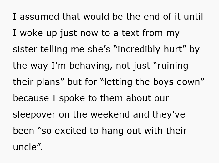 Text discussing a babysit sister kids hockey conflict involving plans, feelings, and a sleepover with their uncle.