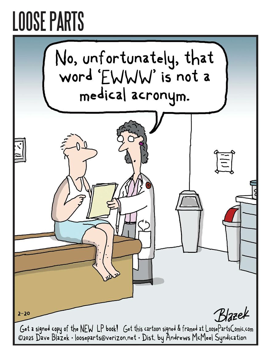Cartoon of a doctor telling a patient that the word EWWW is not a medical acronym in a hospital setting.