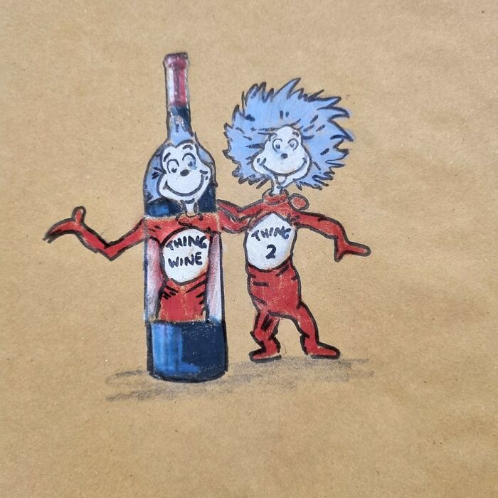 Hand-drawn dad joke on lunch bag featuring Thing 1 and Thing Wine characters in playful red outfits.