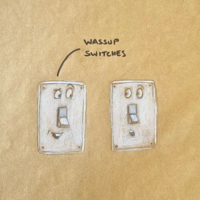 Hand-drawn dad joke and pun of two light switches with faces and speech saying wassup switches on a lunch bag.