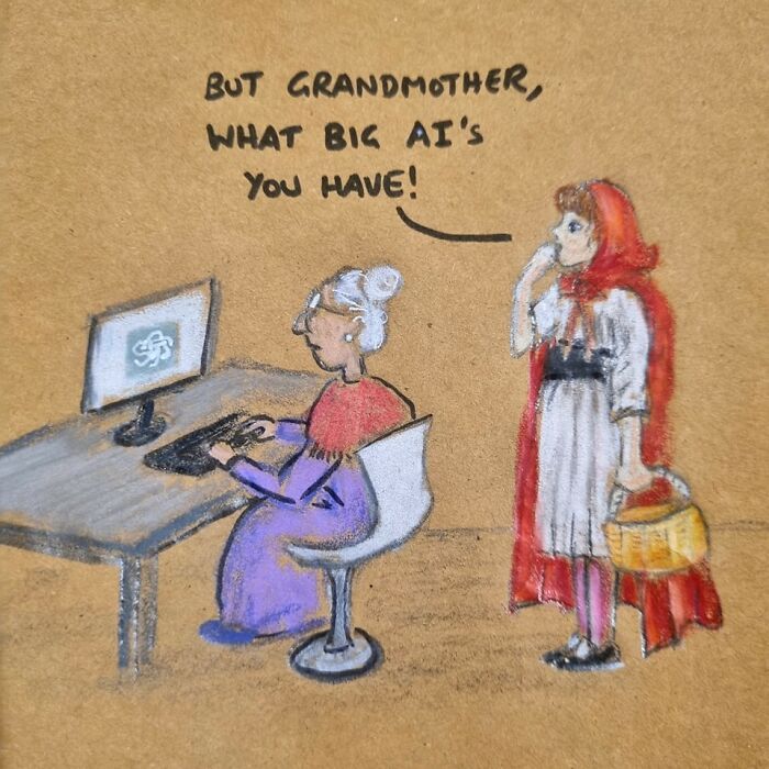 Cartoon dad joke showing Little Red Riding Hood surprised by grandmother using AI on a computer, hand-drawn lunch bag pun.