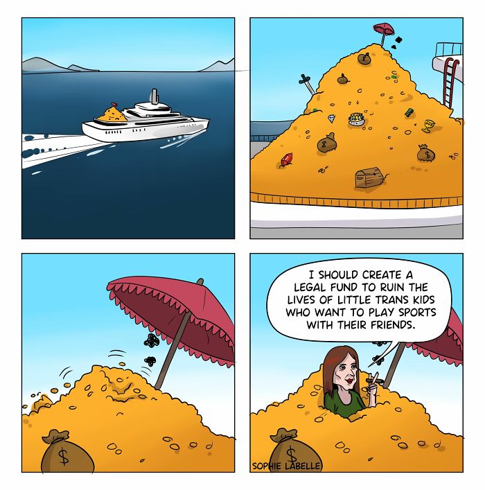 Comic by Sophie Labelle depicting a wealthy person discussing harming trans kids, highlighting LGBTQ+ issues and social critique.