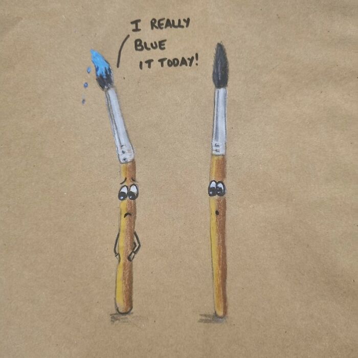 Drawing of two paintbrushes with faces and arms on a lunch bag, featuring a dad joke pun in dad jokes and puns.