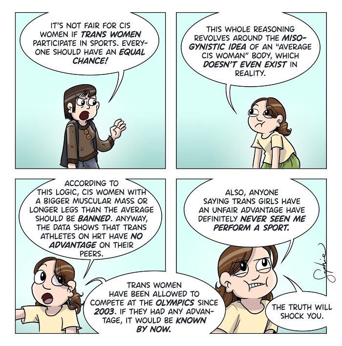 Comic panels by Sophie Labelle discussing trans women in sports, highlighting LGBTQ+ topics and equality in athletics.