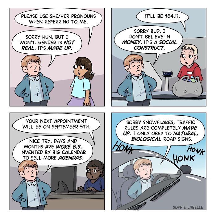 Comic panels by Sophie Labelle depicting conversations about gender pronouns, social constructs, and challenging societal norms related to LGBTQ+ topics.