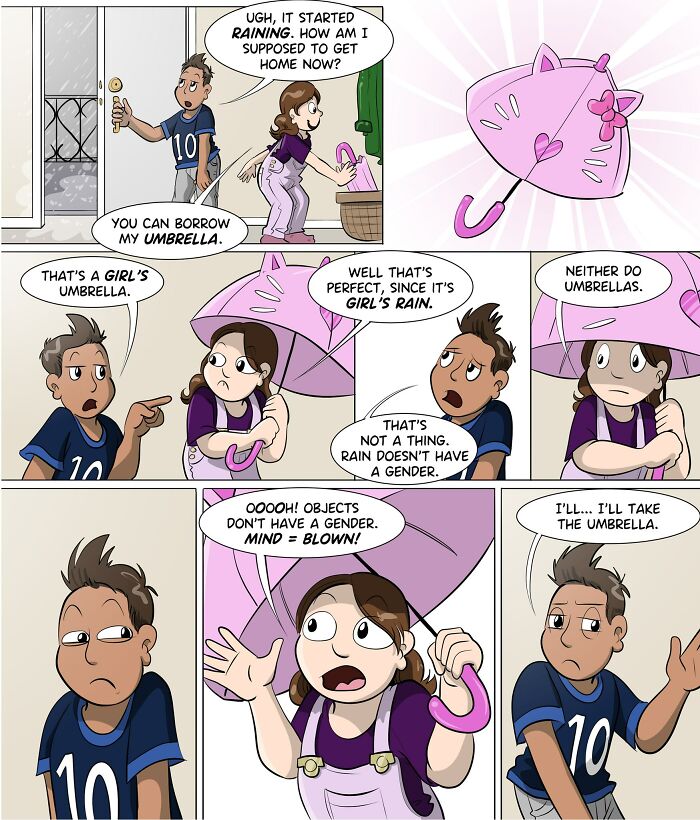 Comic by Sophie Labelle showing a conversation about gender stereotypes using a pink umbrella in an LGBTQ+ themed dialogue.