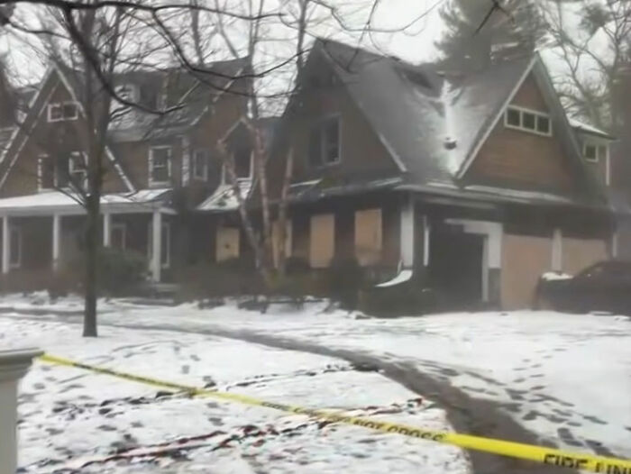 Snow-covered multi-million dollar mansion with police tape around the property after tragic accident involving sorority girl. Snow-covered multi-million dollar mansion with police tape around the property after tragic accident involving sorority girl.