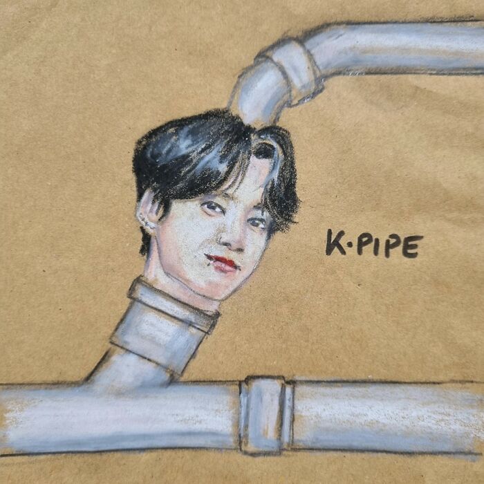 Hand-drawn dad joke pun on lunch bag showing a pipe with a human head labeled K-PIPE, part of dad jokes and puns.