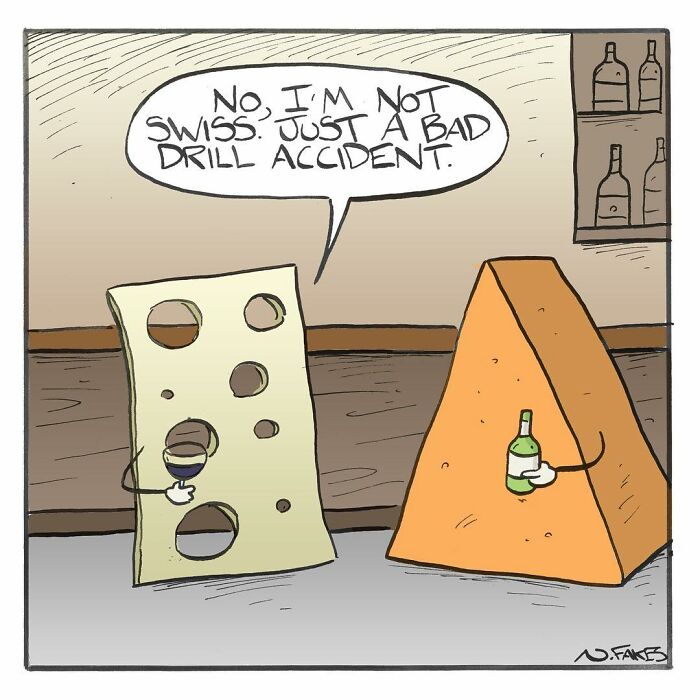 Comic by Nate Fakes featuring a slice of Swiss cheese and a wedge of cheese with humorous dialogue.