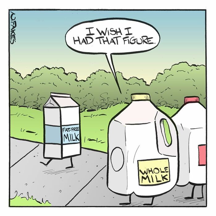 Cartoon comic featuring milk cartons with legs, illustrating a funny and relatable comic by Nate Fakes.