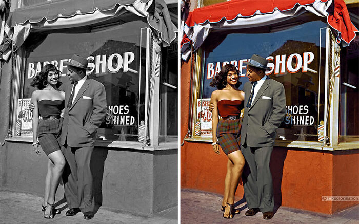 Side-by-side comparison of a man and woman outside a barbershop in black and white and colorized, showcasing artist colorizing old photos.