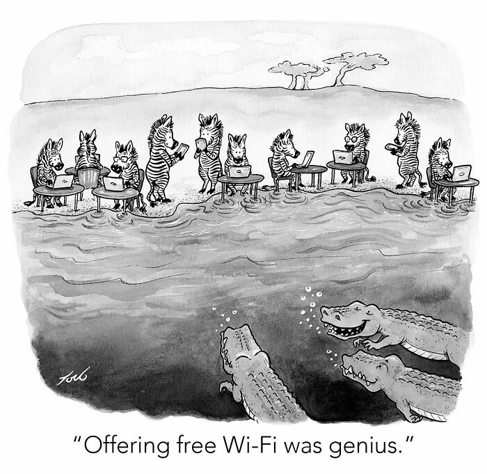 Zebras using laptops and phones near water with alligators below, witty one-panel comic by Tom Toro.