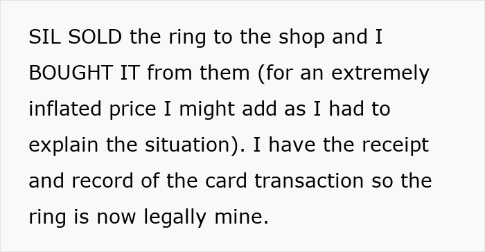 Text about woman pawning family heirloom ring and sister-in-law buying it back, causing dispute over ownership. Text about woman pawning family heirloom ring and sister-in-law buying it back, causing dispute over ownership.