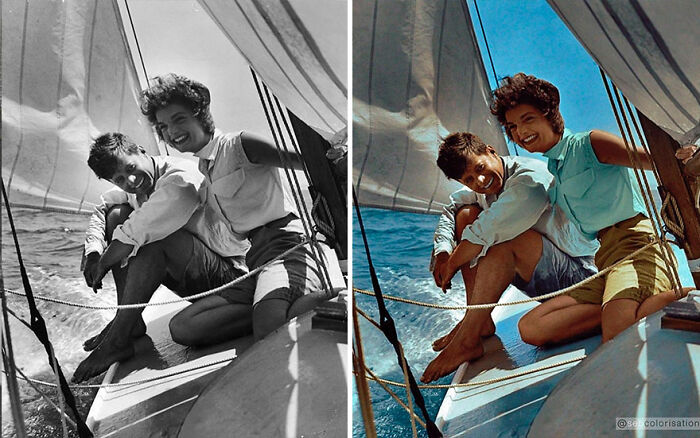 Side-by-side old photo in black and white and color of a smiling couple sailing, showcasing artist colorizes old photos.