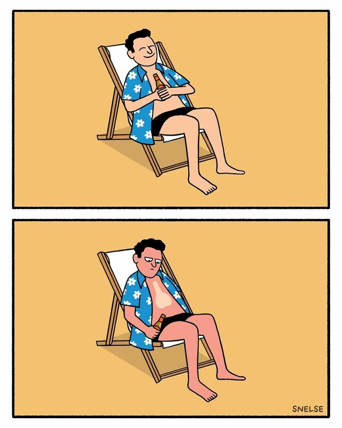 Illustration comic showing a man relaxing on a chair, then looking disappointed at his sunburned chest.