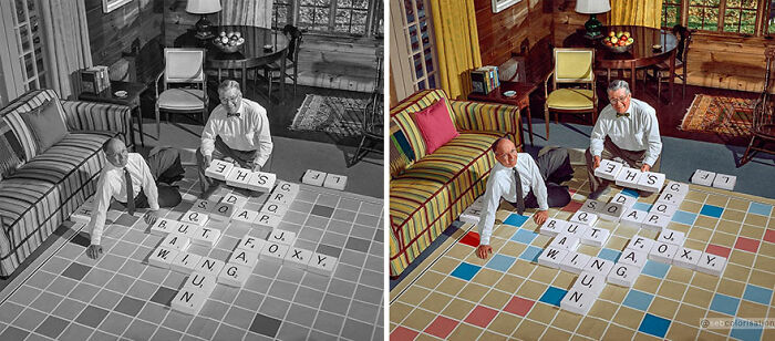 Two men playing a board game inside a wooden cabin, shown in original black and white and colorized photos by artist.