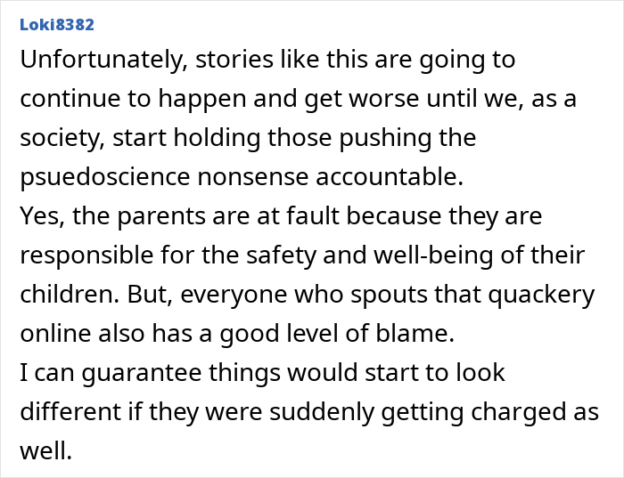 Comment criticizing pseudoscience after 5-month-old's tragic passing, urging accountability for parent's choices. Comment criticizing pseudoscience after 5-month-old's tragic passing, urging accountability for parent's choices.