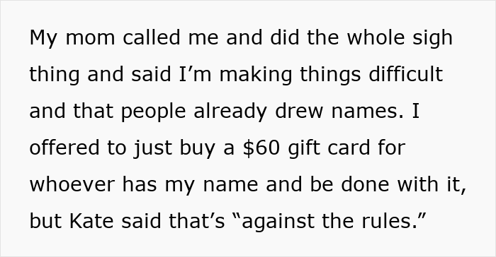 Text message about family Secret Santa drama where a sister turns the gift exchange into a luxe shopping list conflict.