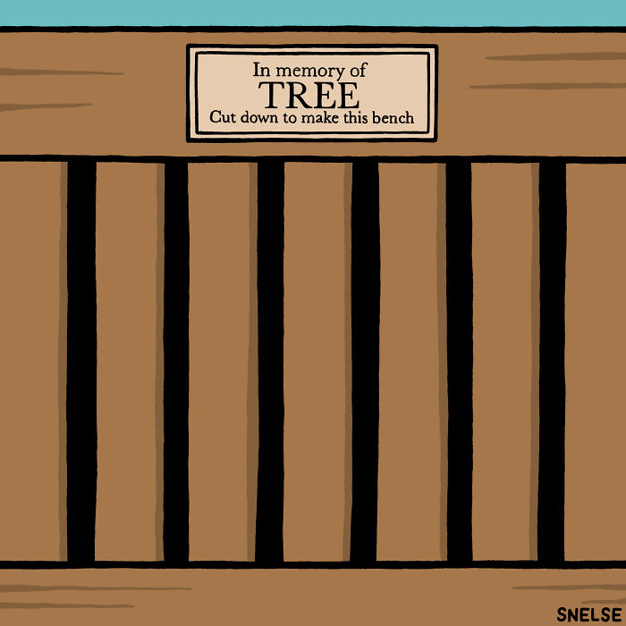 Illustration of a wooden bench with a plaque honoring the tree cut down, by an artist making comics to make people chuckle.