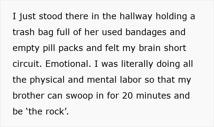 Text excerpt showing a woman overwhelmed by her daughter’s efforts while being blinded by flowers from her son. Text excerpt showing a woman overwhelmed by her daughter’s efforts while being blinded by flowers from her son.