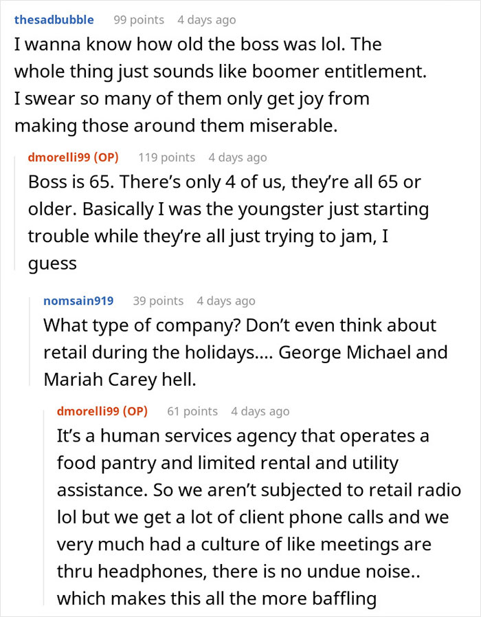 Screenshot of a Reddit thread discussing a man blasting Christmas music in the office, causing coworker frustration.