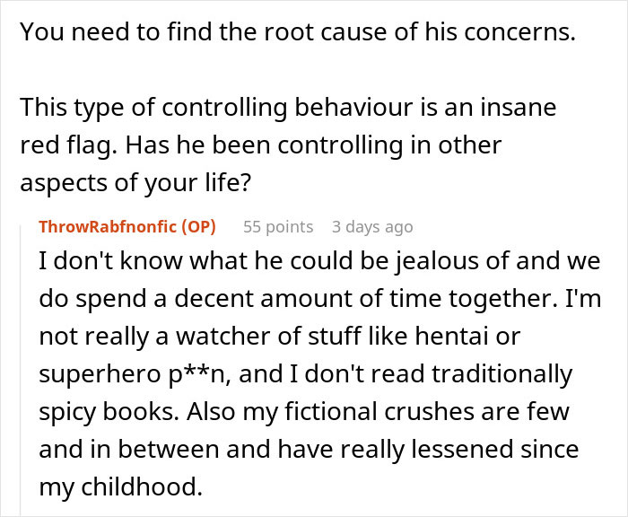 Screenshot of a text discussion about controlling behavior and criticism of loving fiction in a relationship.