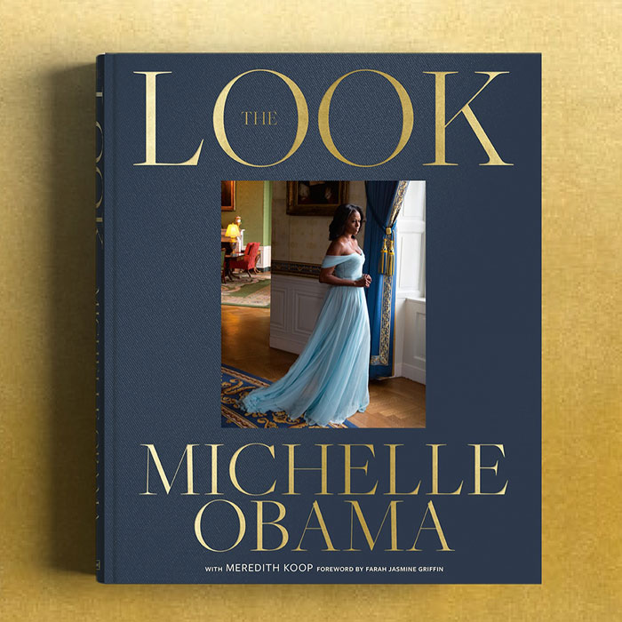 Book cover of The Look featuring Michelle Obama in a flowing blue gown, highlighting makeup artist praise and bold new look. Book cover of The Look featuring Michelle Obama in a flowing blue gown, highlighting makeup artist praise and bold new look.