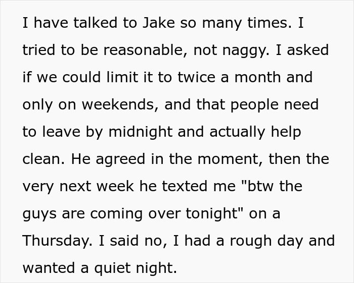 Text excerpt from a woman discussing setting limits on boys nights at their house after going too far. Text excerpt from a woman discussing setting limits on boys nights at their house after going too far.