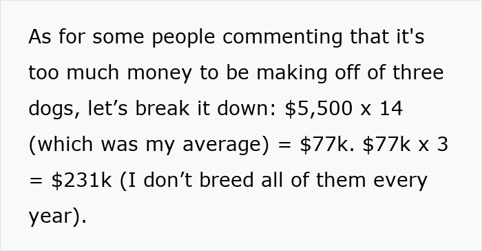 Text discussing breakdown of expenses averaging $5,500 per dog yearly, related to entitled mother expenses split son girlfriend. Text discussing breakdown of expenses averaging $5,500 per dog yearly, related to entitled mother expenses split son girlfriend.