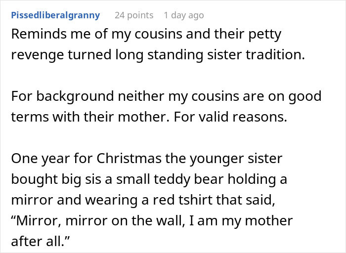 Comment describing petty revenge involving a cheap gift and family tensions inspired by rich aunt and dad&rsquo;s Christmas revenge.