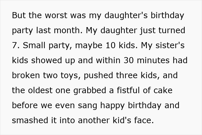 Text excerpt describing unruly kids at a birthday party, related to aunt refusing Christmas gifts for unruly niblings. Text excerpt describing unruly kids at a birthday party, related to aunt refusing Christmas gifts for unruly niblings.
