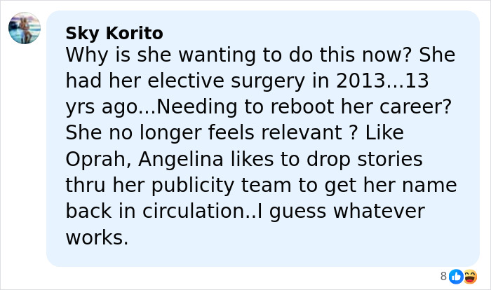 Screenshot of a social media comment criticizing Angelina Jolie while referencing her mastectomy scars and public reaction.