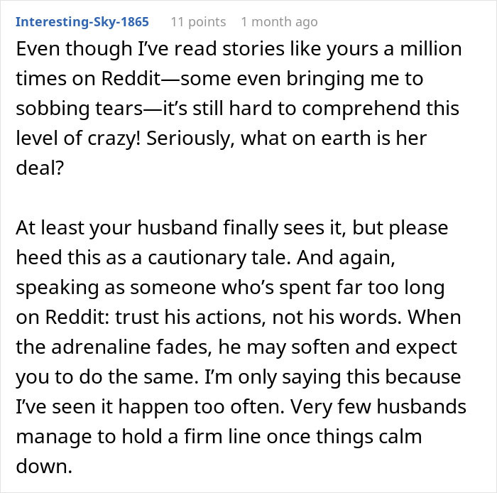 Screenshot of a Reddit comment discussing a woman taking out a restraining order against her mother-in-law after 29 years of marriage.