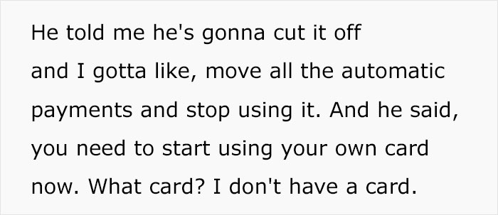 Text excerpt showing a stay-at-home mom at a loss as husband cuts off financial support and advises using her own card. Text excerpt showing a stay-at-home mom at a loss as husband cuts off financial support and advises using her own card.