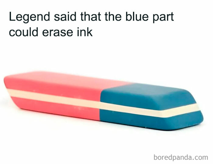 Vintage pink and blue eraser with text referencing nostalgia for items that remind you of creaking joints.