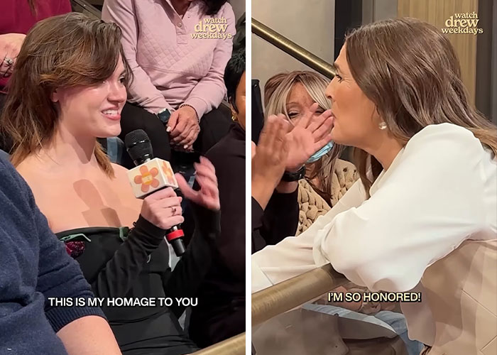 Fan recreates Drew Barrymore’s iconic 1989 Oscars dress while she reacts with excitement on her show audience segment. Fan recreates Drew Barrymore’s iconic 1989 Oscars dress while she reacts with excitement on her show audience segment.