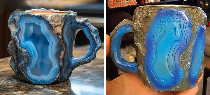 Blue geode stone mugs shown side by side highlighting expectations vs reality photos with natural patterns and textures.